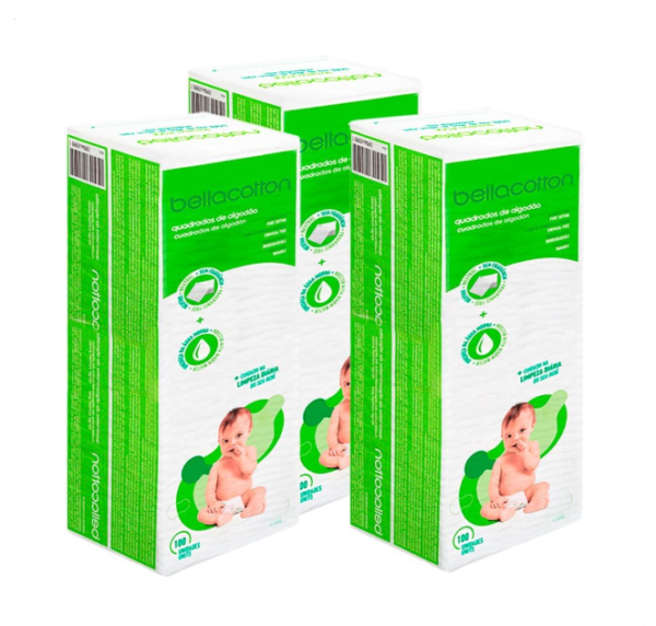 Algodão Quadrado Bellacotton Para Bebê - 3 Pacotes com 300 Unidades